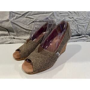Toms Stella Calypso Peep Toe Cork Wedge Size 8 Tweed Herringbone Brown Metallic